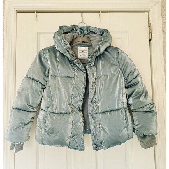 GAP Kids Fleece Lined Puffer Winter Jacket Sky Blue Silver Jacket Small Hooded - Picture 1 of 9